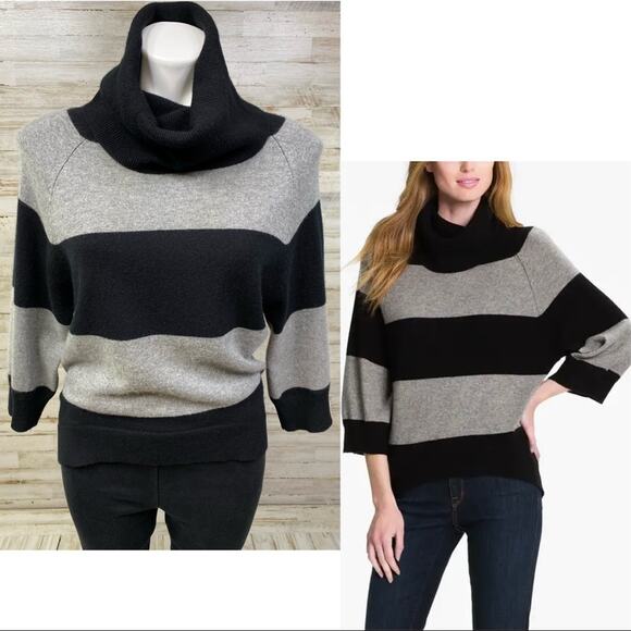 Pure Amici Cashmere Cowl Neck Sweater Womens Size XS Black & Gray Stripe - Picture 1 of 16